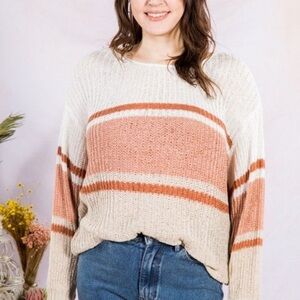 Very J Cream and Tan Crew Neck Sweater